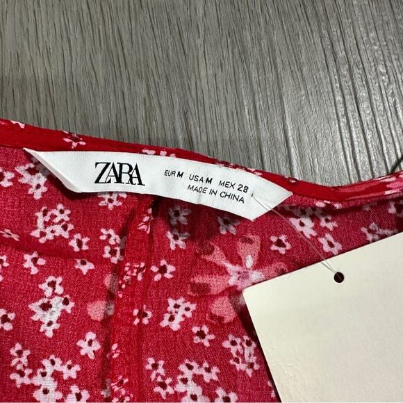 Zara Red & White Dainty Floral Print 3/4 Sleeve Sweetheart Mini Dress Size M NWT - Picture 5 of 8